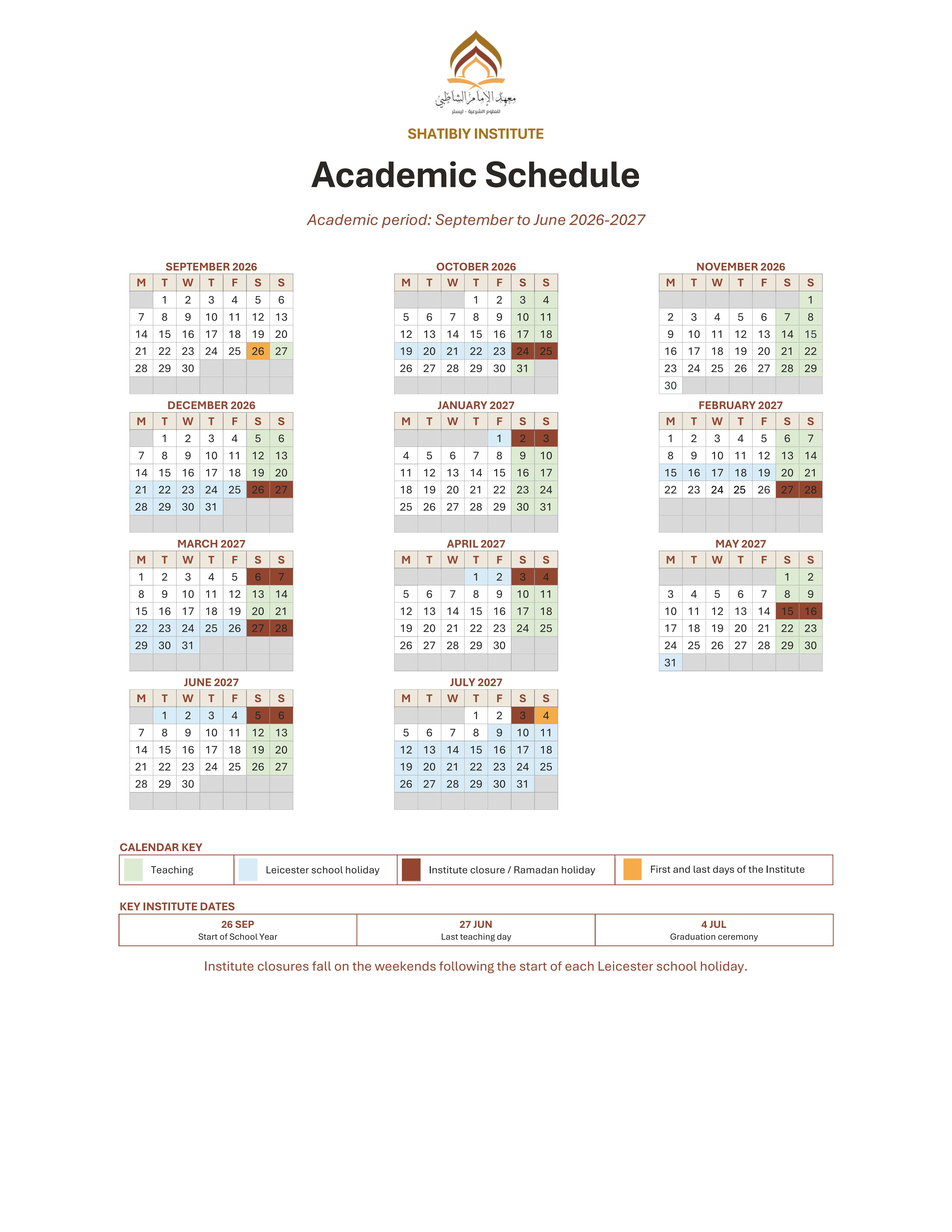 2026–2027 Shatibiy Institute academic schedule calendar