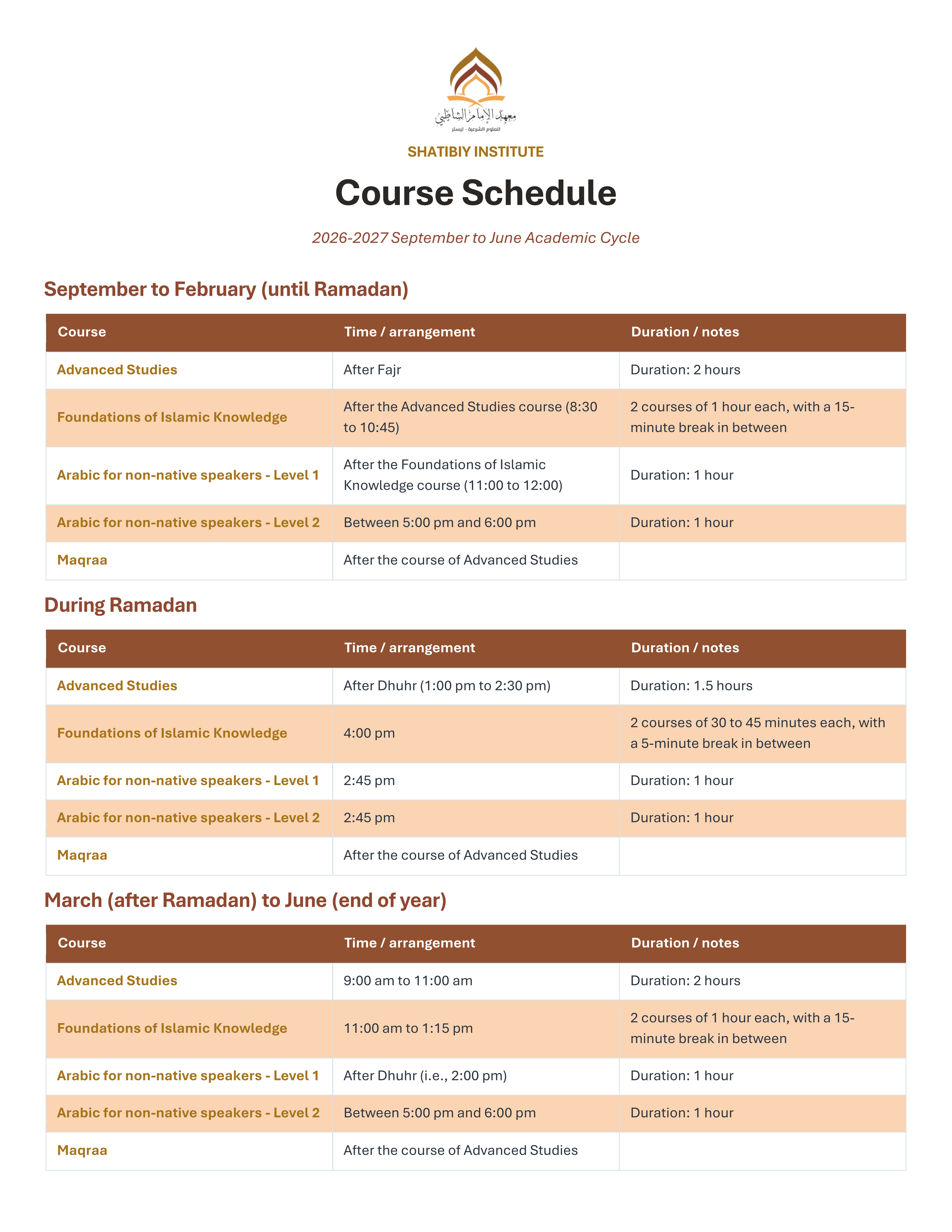2026–2027 Shatibiy Institute course schedule